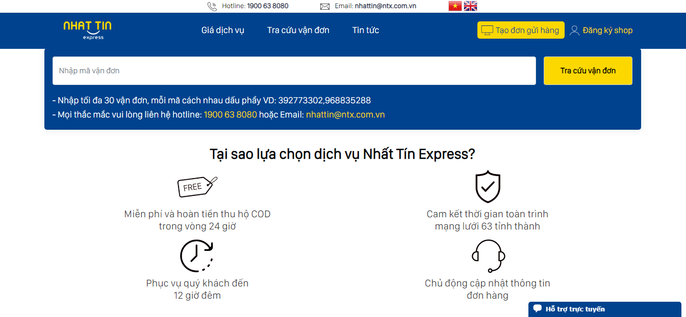 Tra cứu mã vận đơn chuyển phát nhanh NTX - Nhất Tín Express trên trang chủ
